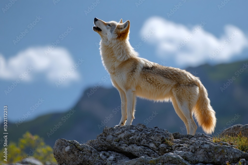Gray wolf howling standing on a rock in the mountains Gray wolf howling standing on a rock in the mountains
