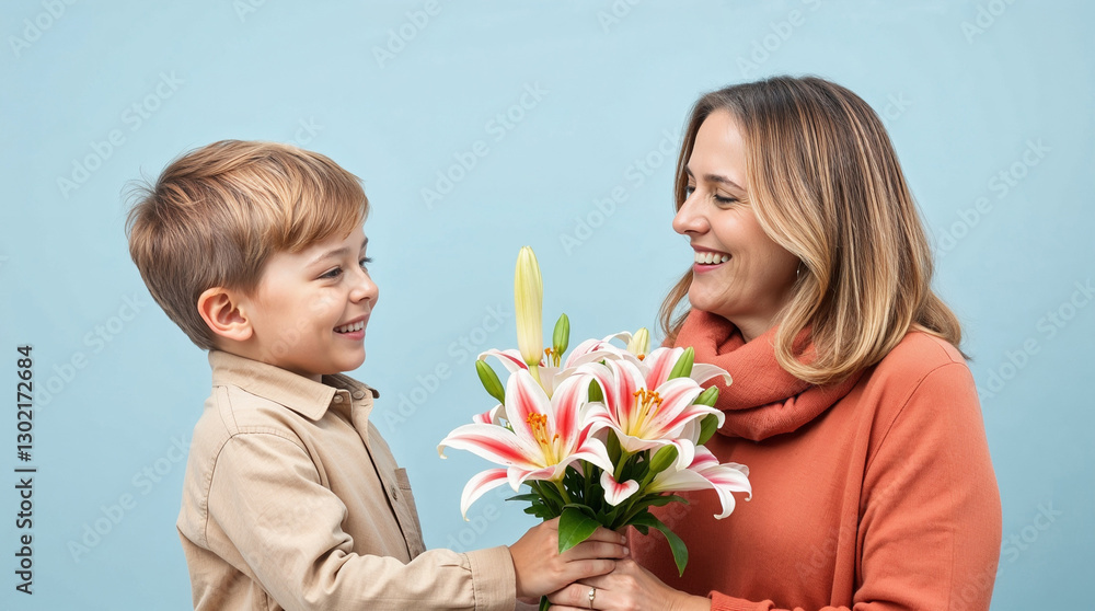Happy Mother's Day, Cute and charming boy giving flowers to his young and beautiful mother isolated on light blue background Happy Mother's Day, Cute and charming boy giving flowers to his young and beautiful mother isolated on light blue background