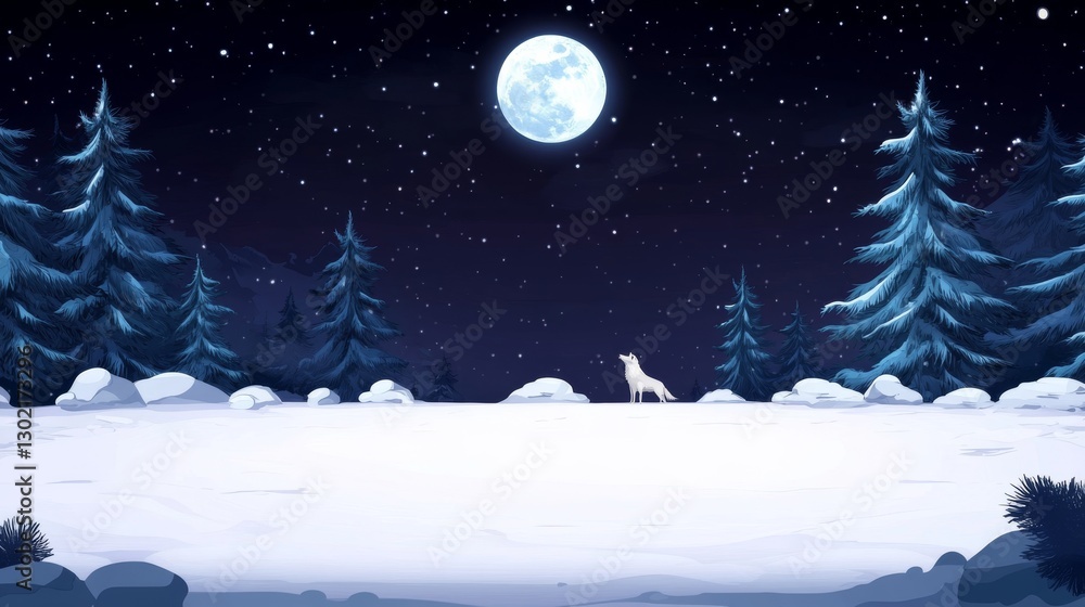 Fototapeta premium Snowy forest night, solitary wolf