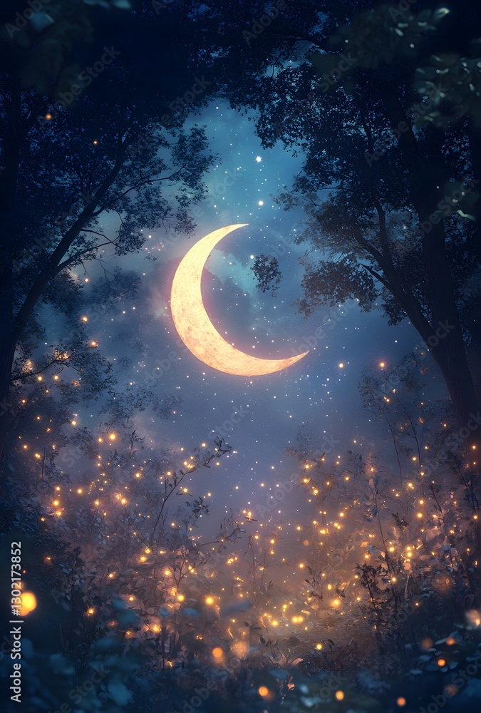 Fototapeta premium Enchanting Crescent Moon Over Glowing Firefly Forest