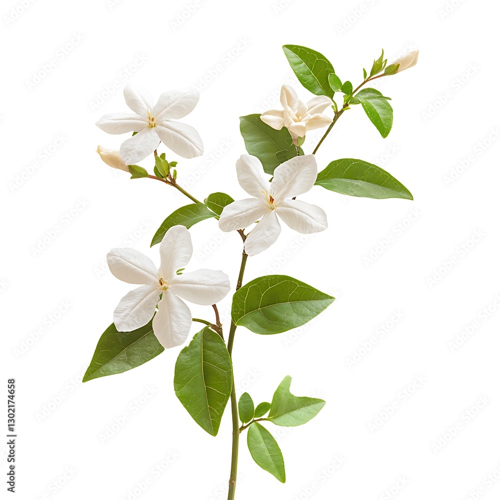 Fototapeta premium White jasmine flowers and green leaves isolated on white background.