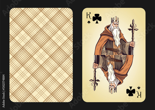 Original design playing card king of clubs, front and back. King of Clubs in cartoon vintage style. Vector illustration