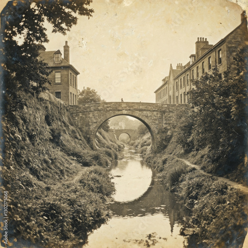 An old stone bridge in vintage style, spanning the river. Sepia, aging effect, scuffs. The atmosphere of the past, retro style, historical setting.