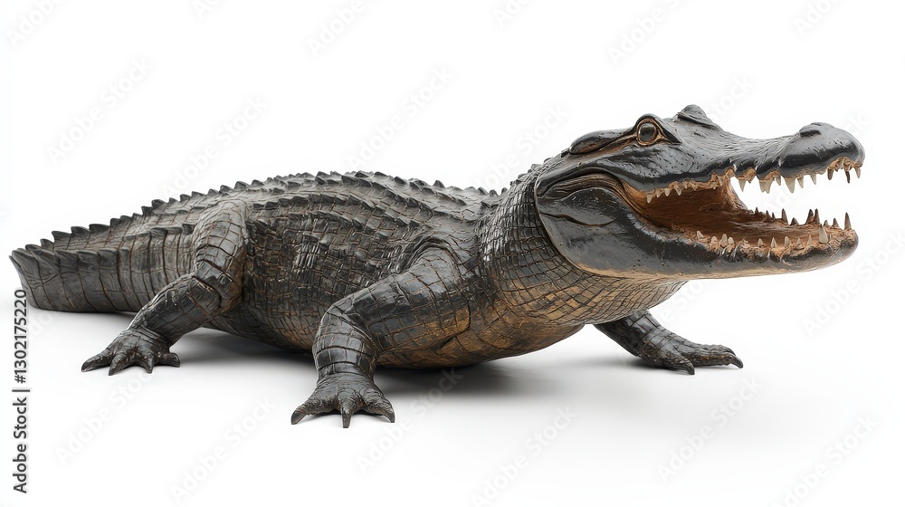 Naklejka premium A striking black alligator with an opened jaw, showcasing razor-sharp teeth, faces right. Its sleek, muscular upper body exudes power and elegance in this captivating close-up