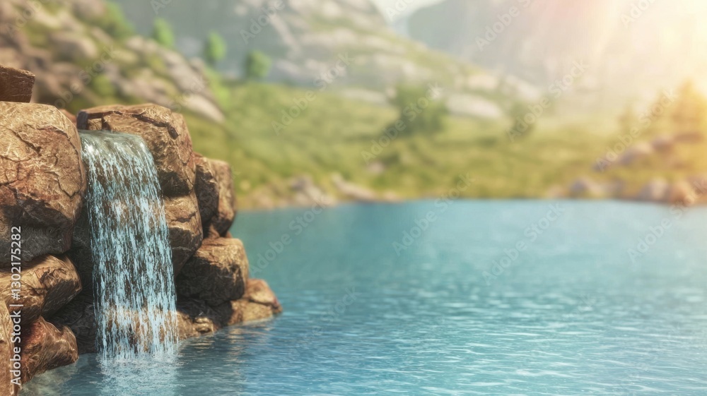 Naklejka premium Serene waterfall cascading into a tranquil lake surrounded by lush greenery and mountains.