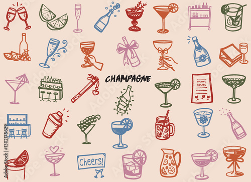 Fun illustrations of various drinks, including champagne and cocktails