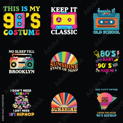 Set of 80s Vibe Sublimation Design for Throwback Vintage T-shirt Prints
