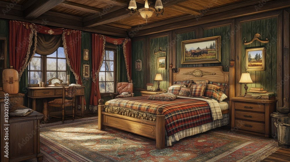 Obraz premium Cozy Rustic Bedroom with Elegant Wooden Furniture and Warm Decor