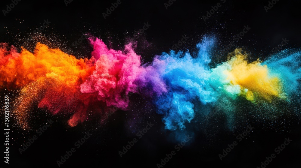 Colorful powder explosion against dark background creates dynamic vibrant effect Colorful powder explosion against dark background creates dynamic vibrant effect