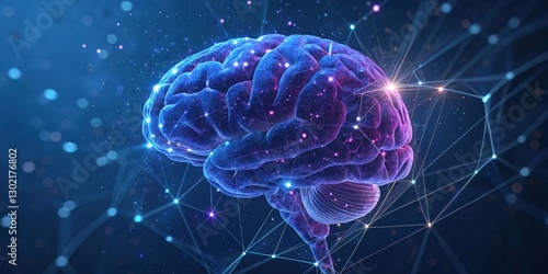 a vibrant illustration of a human brain with interconnected neural networks, glowing dots, and lines