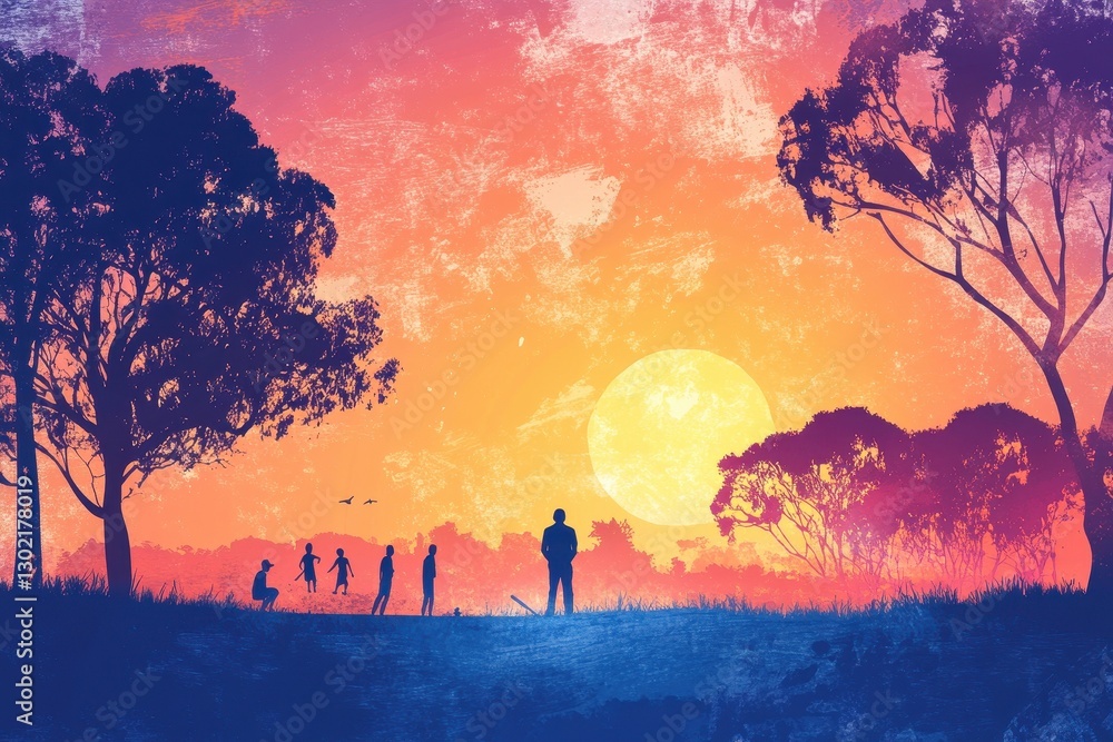 Fototapeta premium People are playing baseball during a beautiful sunset time
