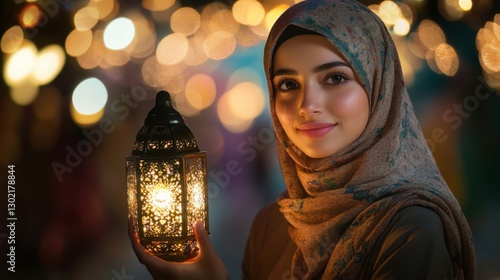 Woman in hijab holds a glowing lantern at night