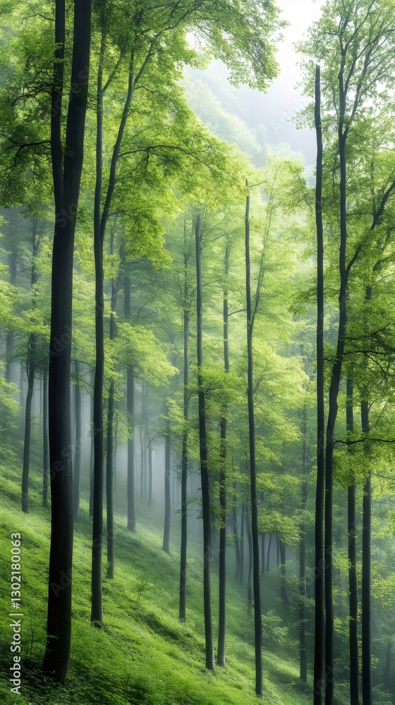 Obraz premium Green forest growing on a slope during a foggy morning