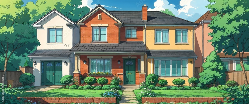 Obraz premium Small garden frontage of cozy suburban townhouse background anime retro cartoon concept illustration
