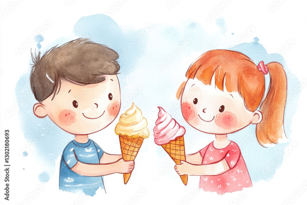 Two cheerful children enjoying ice cream on a sunny day. The boy and girl share a joyful moment with colorful cones in hand, radiating happiness. Two cheerful children enjoying ice cream on a sunny day. The boy and girl share a joyful moment with colorful cones in hand, radiating happiness.