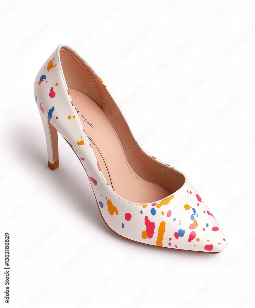 Obraz premium A brand-new peep-toe heel with abstract paint-splatter patterns in vibrant colors, isolated on a white background