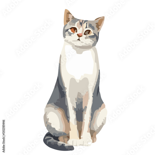 Grey White Cat Sitting in white background