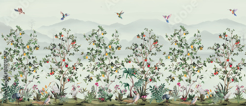 SEABROOK Designs Citrus Grove Nonwoven Unpasted Wall Mural, Wallpaper Design,Watercolor background, Birds.