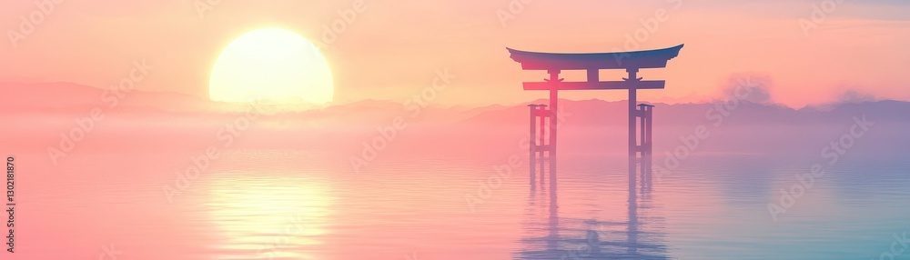 Serene moonlit torii gate standing in water, reflection shimmering, soft gradient colors blending in an elegant traditional style Serene moonlit torii gate standing in water, reflection shimmering, soft gradient colors blending in an elegant traditional style