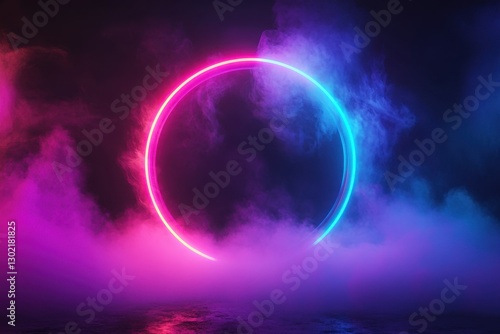 Wallpaper Mural Glowing neon circle surrounded by vibrant smoke stands in darkness Torontodigital.ca