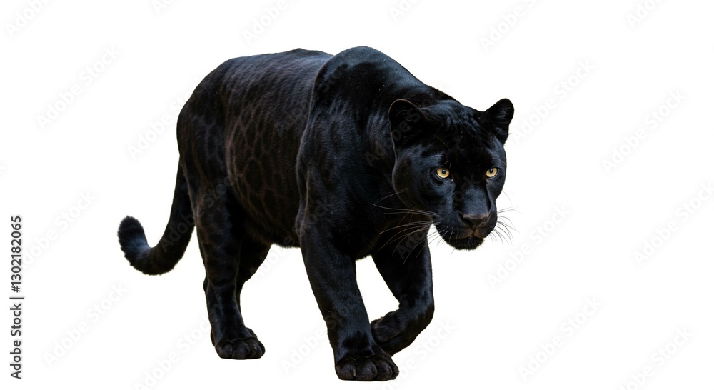 Obraz premium Majestic Black Panther Walking Powerful Wildcat Isolated on White Background