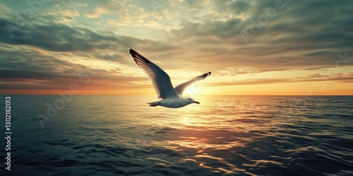 Seagull Flying Over Ocean Sunset