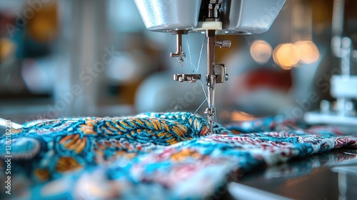 Close-Up of Sewing Machine with Colorful Fabric Stitching