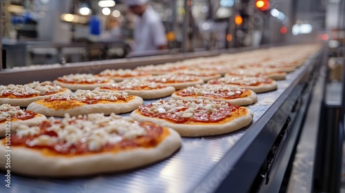 Perfectly Shaped Pizzas on Factory Production Line