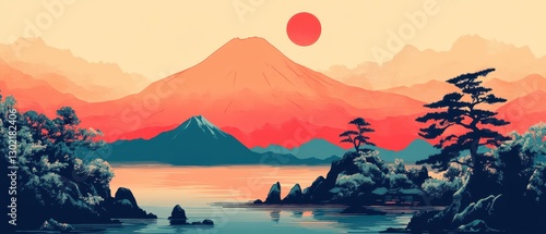 Modern Japanese landscape with bold color blocking, reinterpreting traditional ukiyoe in a minimalist, contemporary style photo