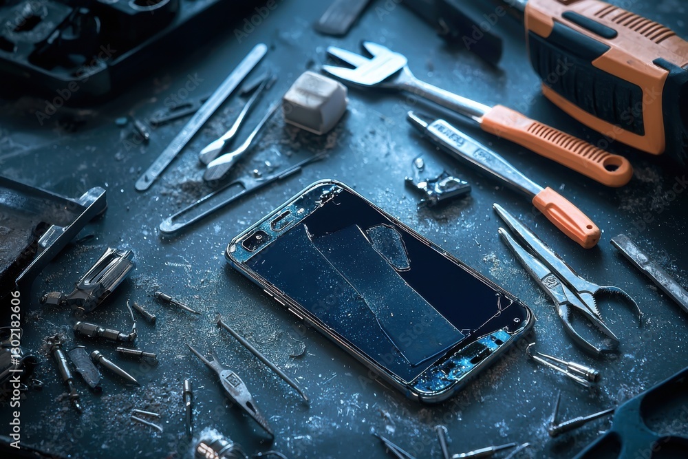 Fototapeta premium A cluttered workspace showcasing a broken smartphone surrounded by various tools, symbolizing repair and maintenance in the tech industry.