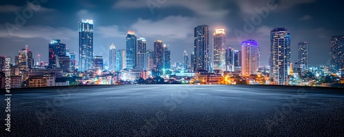 Modern city skyline illuminated at night with a dark surface