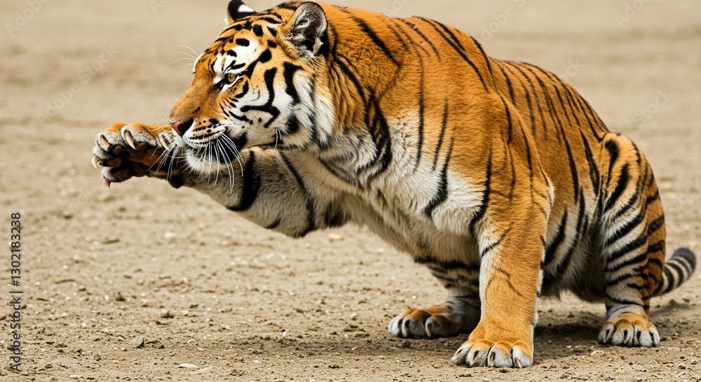 Fototapeta premium Majestic Bengal Tiger Stretching Showing Claws Powerful Wildcat in Sandy Habitat