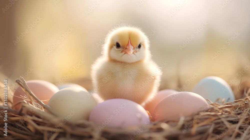 Cute yellow chick standing in nest with easter eggs at sunset Cute yellow chick standing in nest with easter eggs at sunset