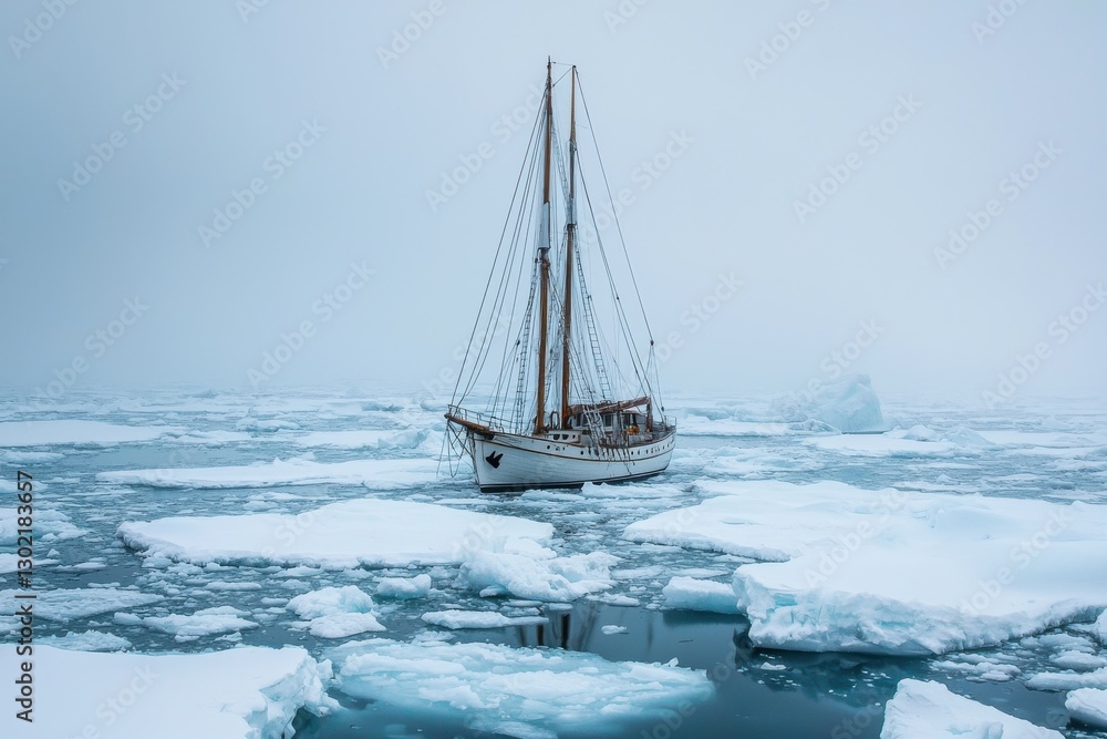 Fototapeta premium A lone sailboat navigates through icy waters, surrounded by floating ice chunks and a misty atmosphere, capturing the essence of remote exploration.