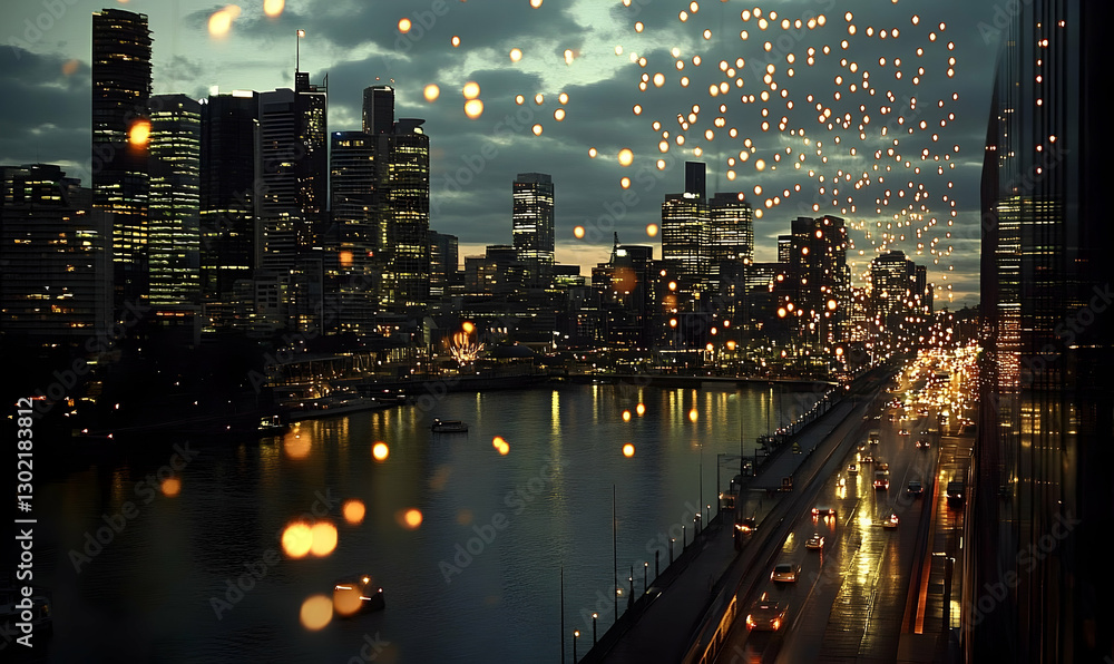 Fototapeta premium Dazzling city nightscape, Illuminated skyscrapers reflect on the river, creating a vibrant urban panorama filled with light