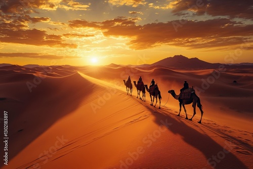 A mesmerizing sunset over vast sand dunes, with a caravan of camels traversing the desert landscape, creating a serene and adventurous atmosphere.