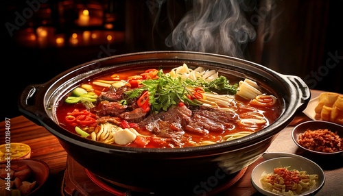 bubbling Sichuan hot pot filled with spicy red chili broth