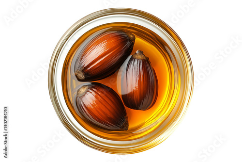 glass bowl of Palm oil with fresh palm fruit top view isolated on transparent white background, clipping path