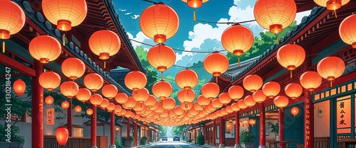 Traditional paper lanterns hanging on street background anime retro cartoon concept illustration photo