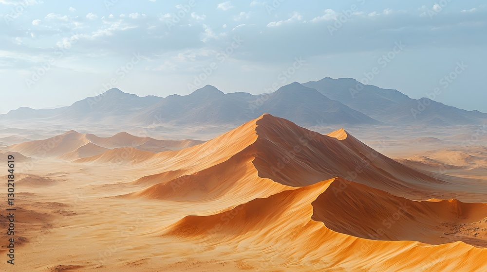 Naklejka premium Vast and serene desert landscape with endless sand dunes and a bright blue sky creating a picturesque natural scene