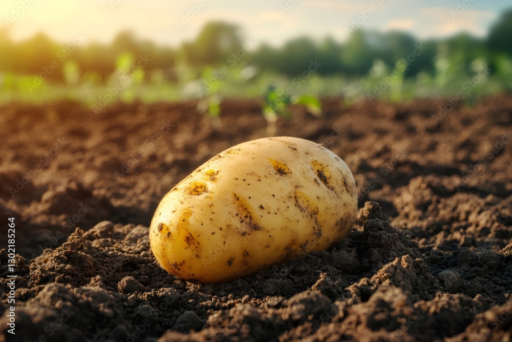 Freshly dug potato lying on the soil in a field at sunset Freshly dug potato lying on the soil in a field at sunset