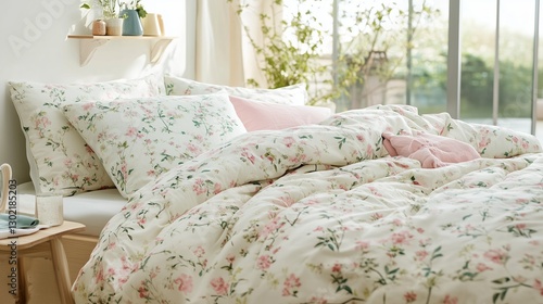 Bright and airy spring bedroom, pastel colors, soft natural light, cozy bedding with floral patterns, light and fresh decor, minimalistic yet warm atmosphere, peaceful and inviting space