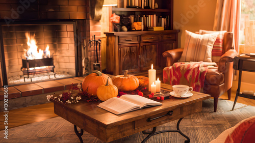 Cozy autumn atmosphere with pumpkins and candlelight in a warm living room