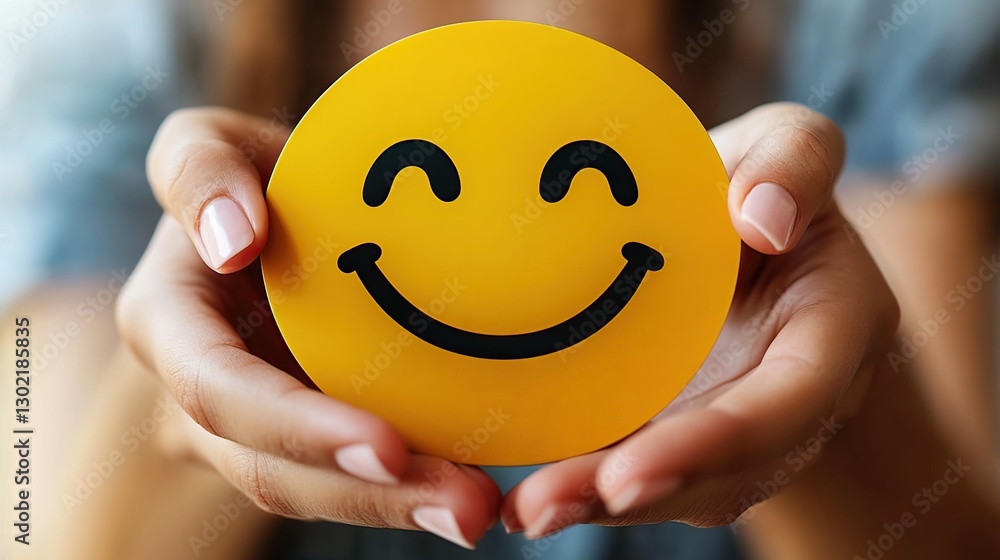 Hands holding a happy emoji, close-up, background blurred. Possible use stock photo Hands holding a happy emoji, close-up, background blurred. Possible use stock photo