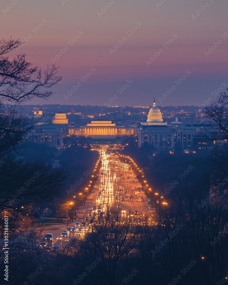 Naklejka premium Evening view of iconic Washington landmarks.