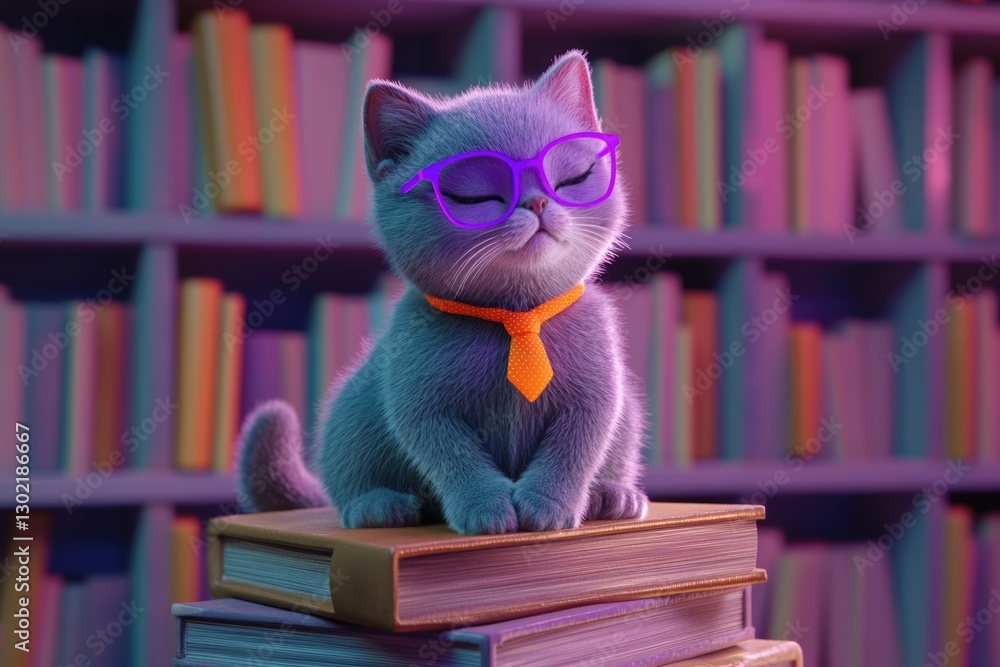 A cute gray kitten wearing glasses and a tie sits on a stack of books in a library. A cute gray kitten wearing glasses and a tie sits on a stack of books in a library.