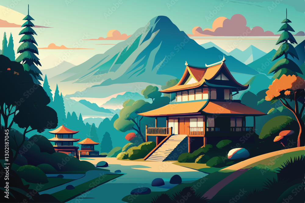Obraz premium Japanese house nestled in a mountain village illustration. Show a thatched-roof home surrounded by lush greenery, a winding path, and misty mountains in the background.