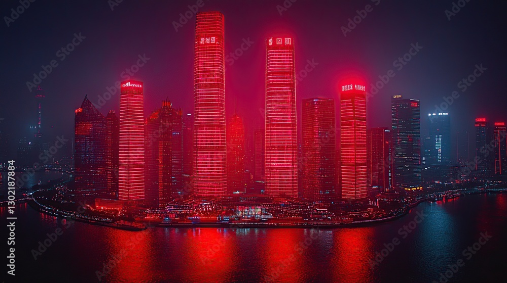 Fototapeta premium Night cityscape, illuminated skyscrapers, red lights, city waterfront