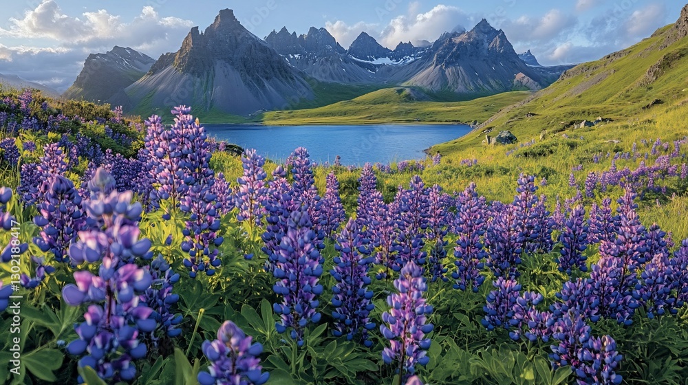 Fototapeta premium Vibrant lupine flowers bloom in a serene mountain lake landscape at sunrise.