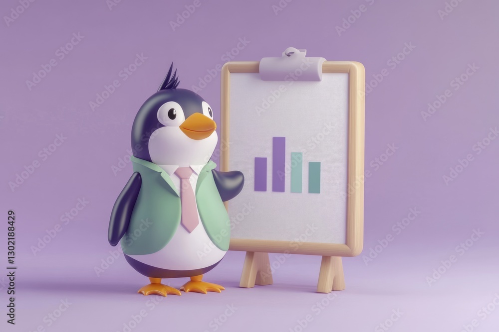 Obraz premium A cute penguin in a suit presents a bar graph on a whiteboard, illustrating data analysis or business presentation.